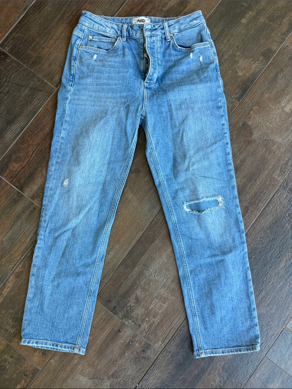 PAIGE Men’s Light Blue Straight Jeans with Knee Distress